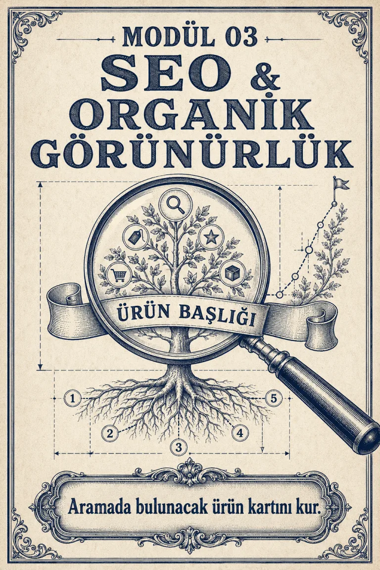 Modül 03 SEO ve Organik Görünürlük: ürün başlığı ve arama sistemi illüstrasyonu